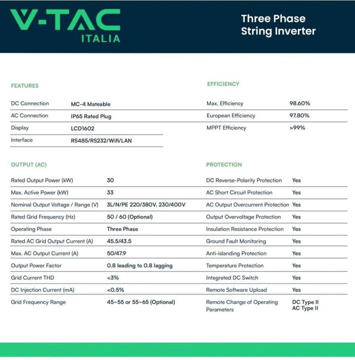 Nutritional values and ingredients V-TAC SUN30KG04 Deye Three-Phase OnGrid Photovoltaic Inverter 30 kW
