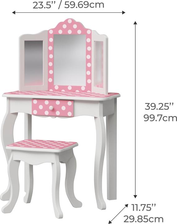 Teamson Kids Gisele KinderSchminktisch mit Hocker Wei & Rosa, Polka Dot Design (29.80 x 59.70 x 99.70 cm)