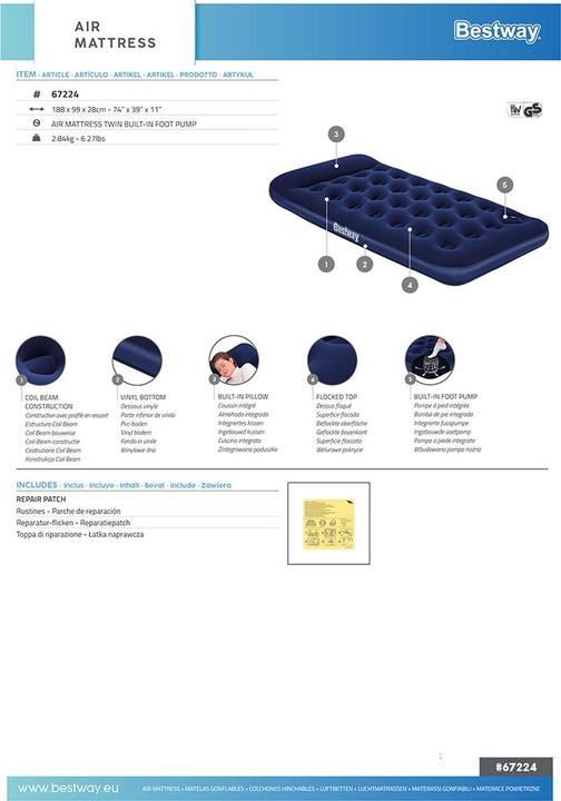 Image du produit Bestway Matelas gonflable 1 place avec pompe à pied intégrée 1,88 m x 99 cm x 28 cm (99 x 188 cm)