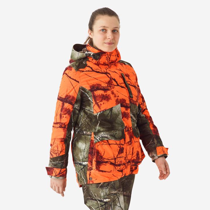 Produktbild Solognac Women’s 3-in-1 warm silent waterproof hunting jacket neon camouflage 500 (34)