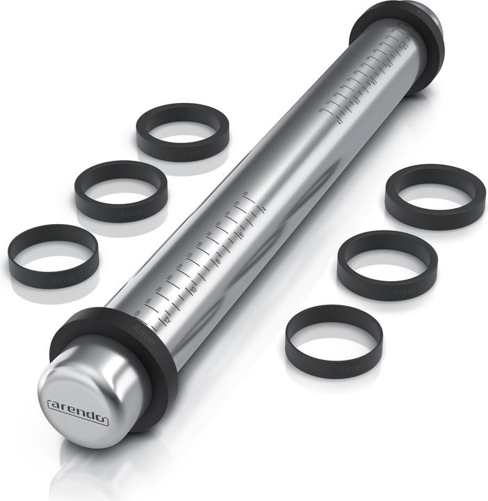 Arendo Nudelholz / Nudelrolle Edelstahl, Silikonringen, aufgedruckte Skala, Korrosionsbeständig, hygienisch