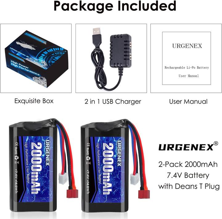 Immagine prodotto Urgenex RC 7.4 V Li-Ion Akku 2000 mAh (7.40 V, 2000 mAh)