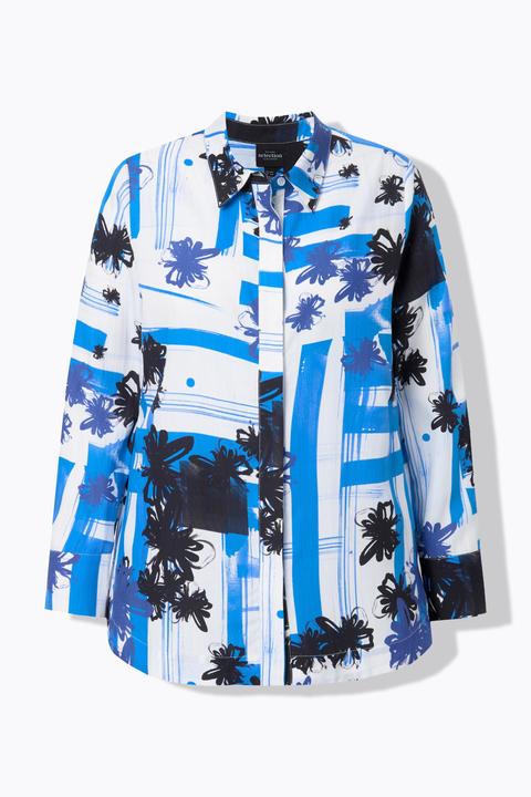 Ulla Popken Lyocell-Bluse, grafisches Design, Hemdkragen, Langarm