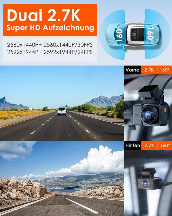 Immagine prodotto Vantrue E2 Dual 1944P Dashcam (Display integrato, Ricevitore GPS, WiFi, 2.7K)