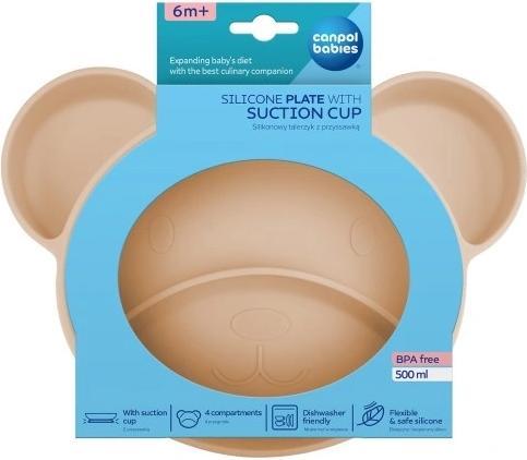 Canpol Dreiteiliger Silikonteller mit Saugnapf, Teddybär 51/401 beige, 6m+