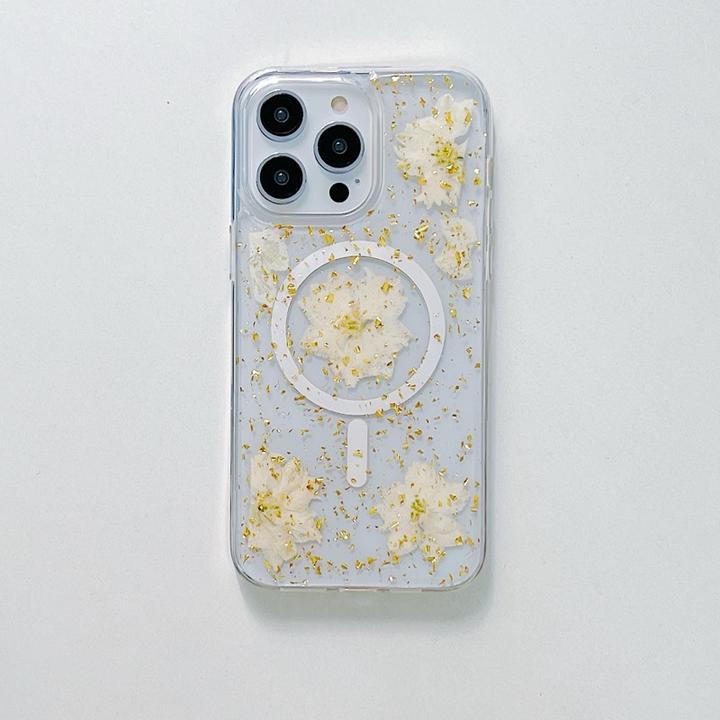 Immagine prodotto RPD iPhone 17 Pro Max - MagSafe Hülle mit echten Blumen und goldenen Akzenten, weiss (Apple iPhone 17 Pro Max)