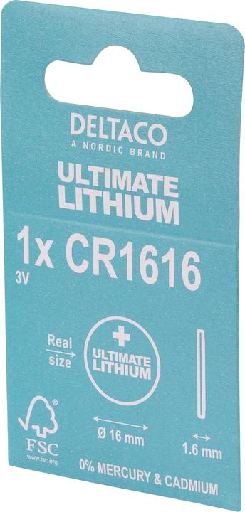 Actual product image Deltaco Ultimate Lithium battery, 3V, CR1616 button cell, 1-pack (1 pcs., CR1616, 50 mAh)