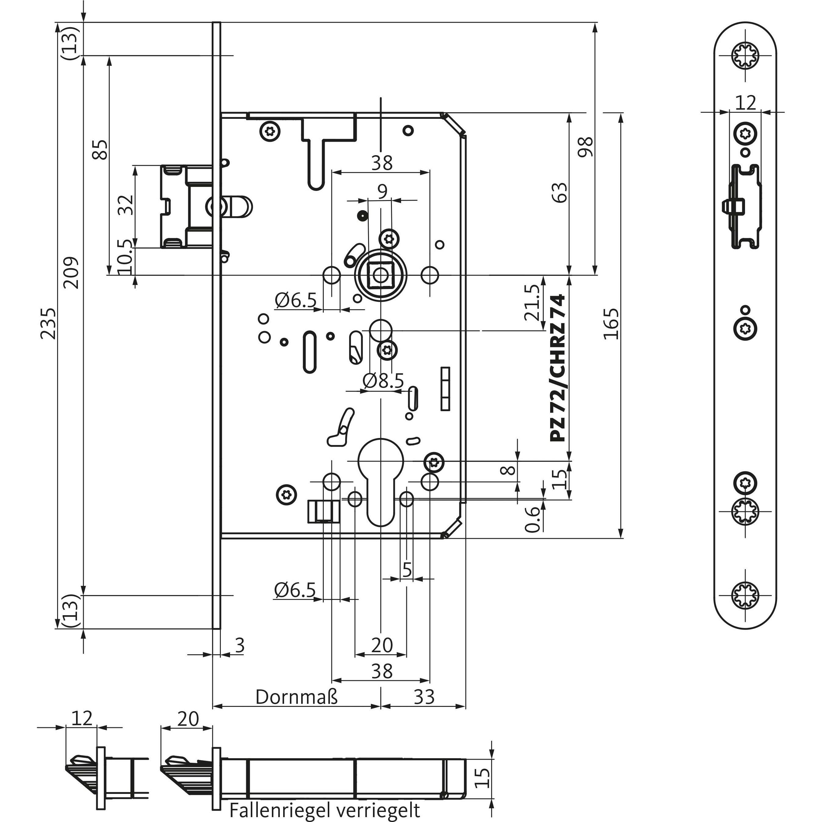 Thumbnail - BKS, Türschloss + Schliesszylinder, Fluchttürschloss B-21100-22-L-8 1-flg. Funktion B, Rundstulp 24,PZ 65 univ.