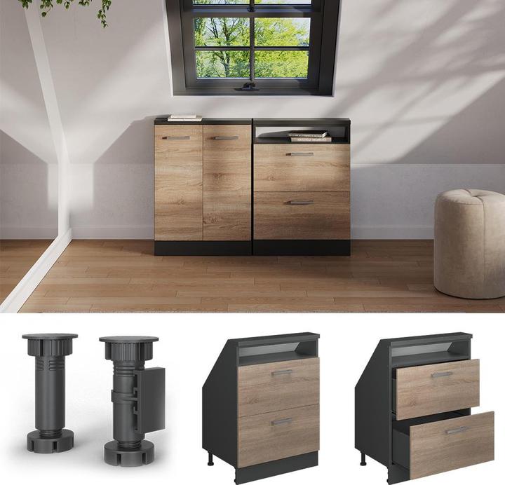 Produktbild Vichy Dachschrägenschrank Rion, Sonoma/Anthrazit/Anthrazit, mit 2 Schubladen (46 x 46 x 81.60 cm)