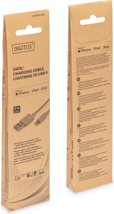 Image du produit Digitus Câble de données/charge Lightning vers USB A, certifié MFI (2 m, USB 2.0, 12 W)