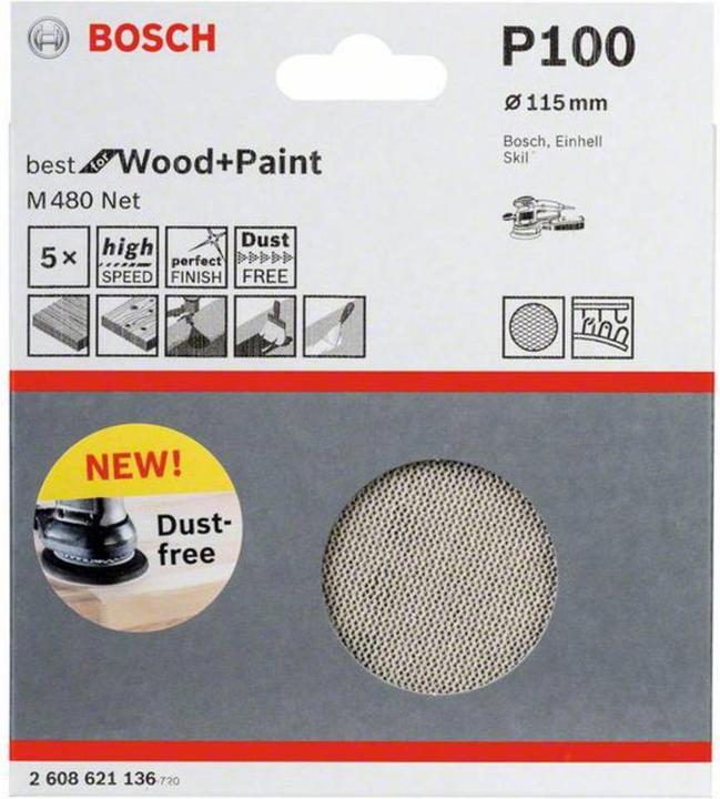 Immagine prodotto Bosch Professional Foglio di levigatura M480 Net. Migliore per legno e vernice. 115 mm. 100. Confezione da 5 (100)
