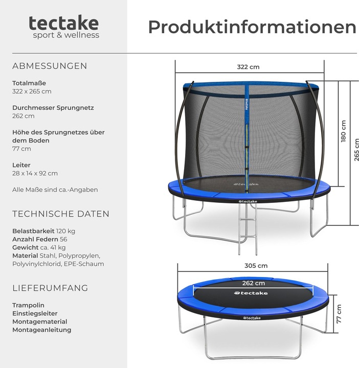 Actual product image tectake Trampoline Jumpy - tear resistant mat, safety net, padded edges, entry ladder (305 cm)