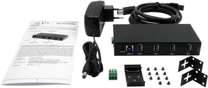 Actual product image Exsys 4 port USB 3.2 Gen 1 HUB metal case, incl power supply 12V/2A, USB 3.0 cable, di (USB-B, 4 ports)