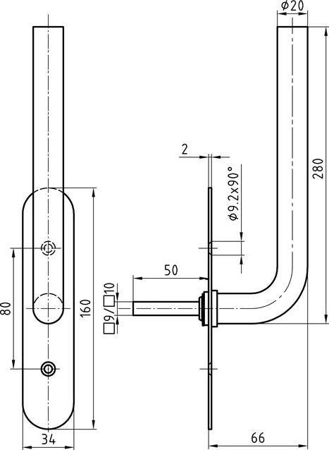 Actual product image Glutz Lift and slide door handle 5057-280/5613 Ø20mm 280x66mm