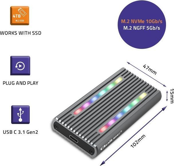 Produktbild Qoltec Obudowa | kieszeń na dysk M.2 SSD SATA | NVME | RGB LED | USB-C (M.2 2230, M.2 2242, M.2 2280, M.2 2260)