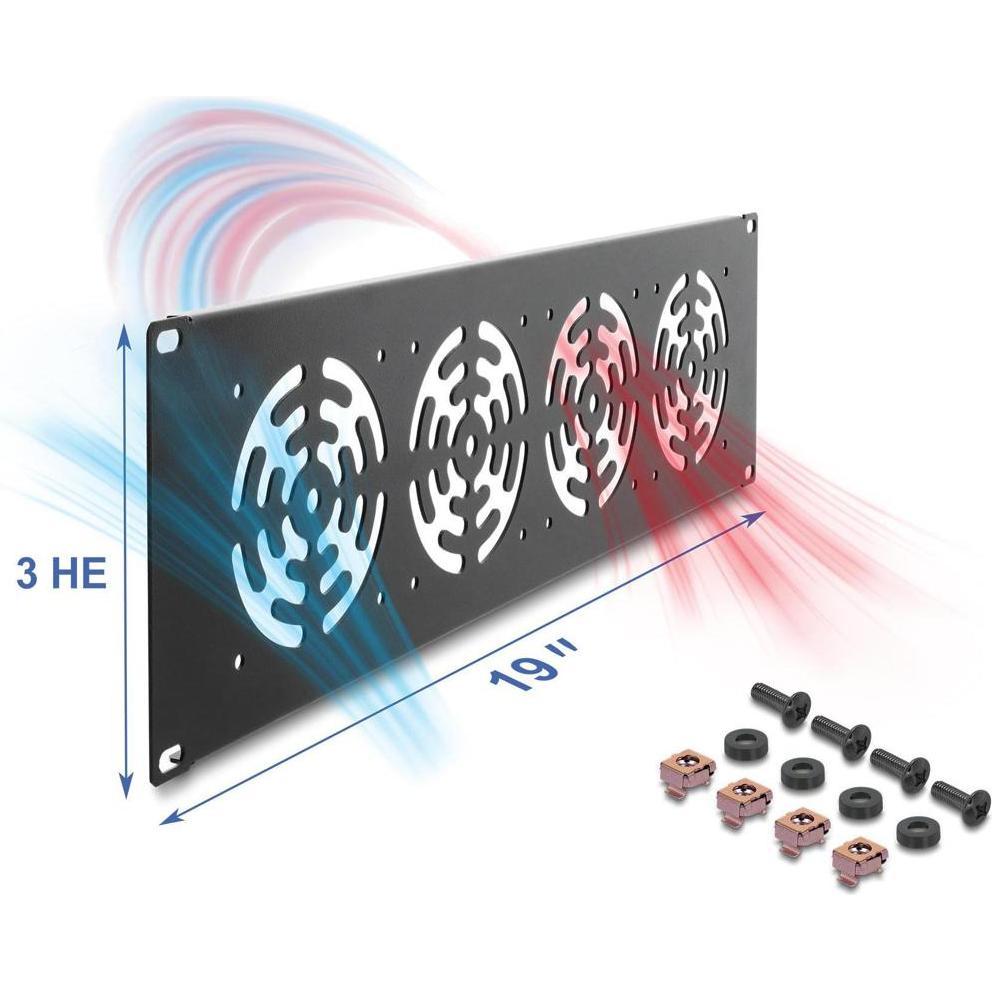 Delock 19" 3 HE Rackblende für 4 Lüfter 92 x 92 mm dunkelgra, Accessori per armadio rack, Grigio