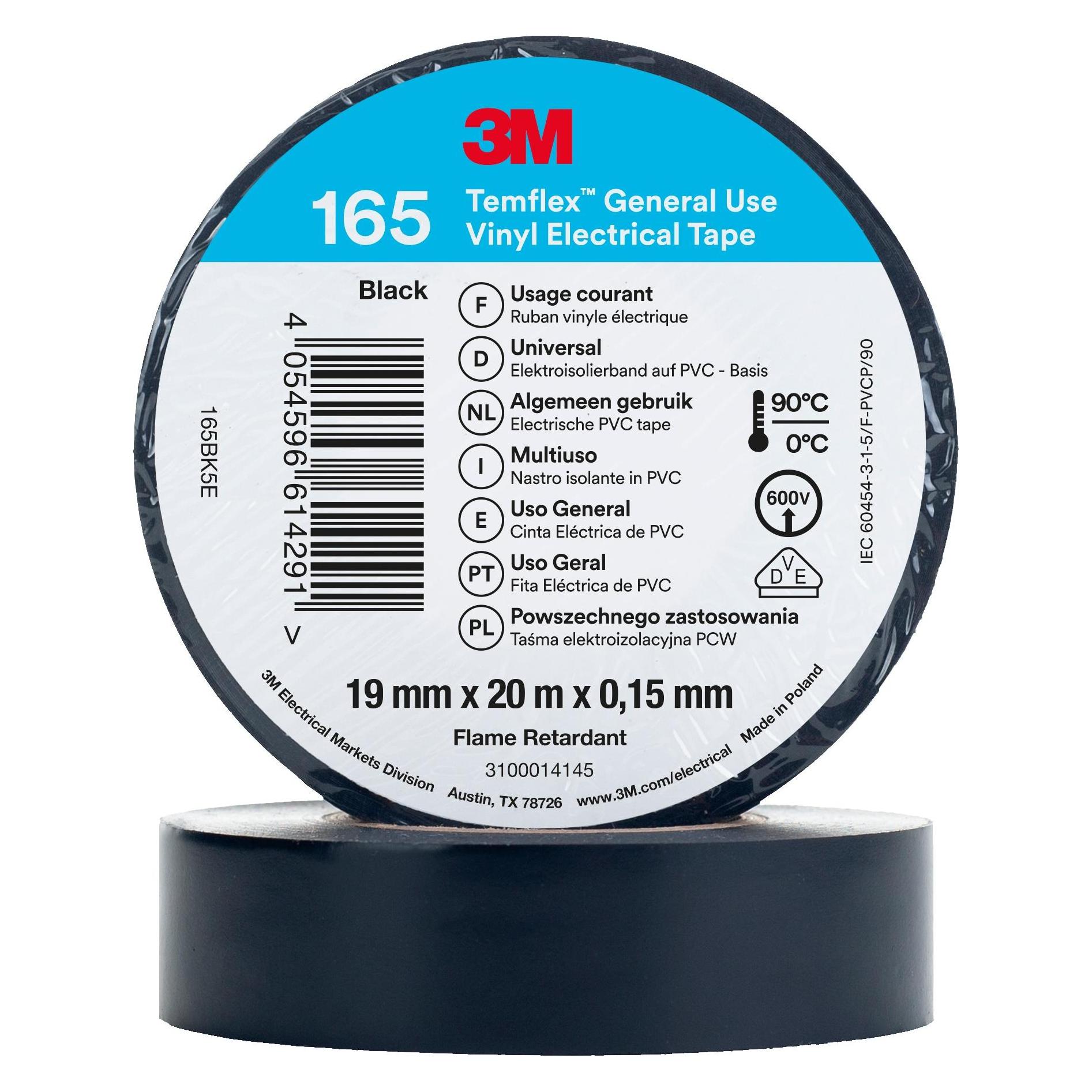 3M, Plakband, Temflex Vinyl Isolatieband 165, 19 Mm X 20 M (19 mm)