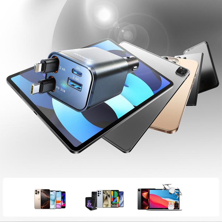 Produktbild Joyroom 4-in-1 Car Charger 30W with Retractable USB-C/Lightning Cables