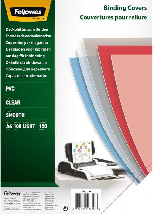 Actual product image Fellowes PVC cover sheets (A4, 150 micron)