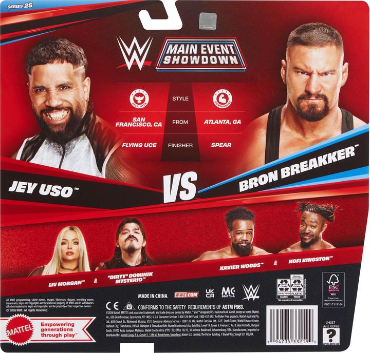 Actual product image Mattel WWE Main Event Showdown Bron Breakker vs Jey Uso Action Figures Set, Series #25, 6-inch Collectibles