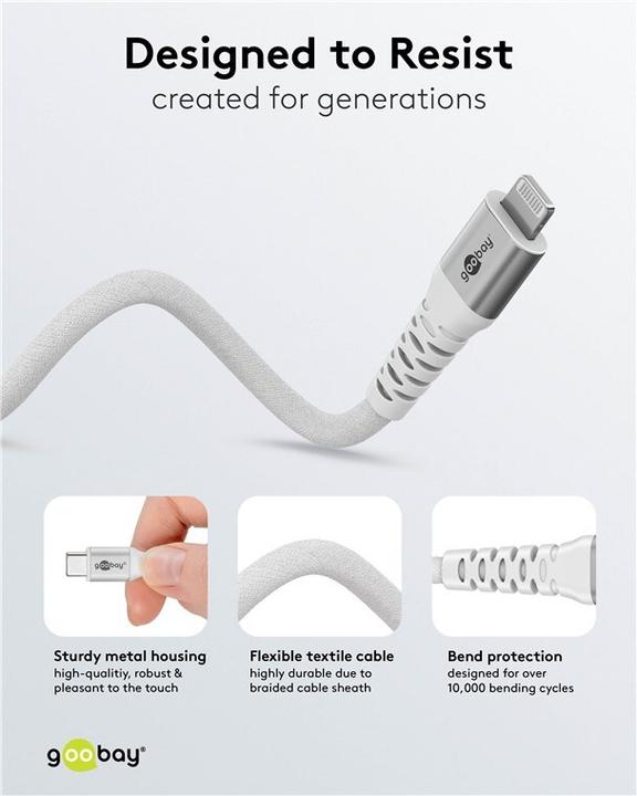 Actual product image Goobay Lightning USB-C Supersoft textile cable with metal plugs, 2 m (2 m, USB 2.0, 60 W)