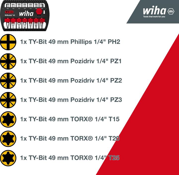 Produktbild Wiha Bit Set BitBuddy 7tlg. TY-Bit 49mm PH, PZ, TORX 1/4" E6,3 Schraubanwendungen Impact- Schlagschrauber (Innensechsrund TX)