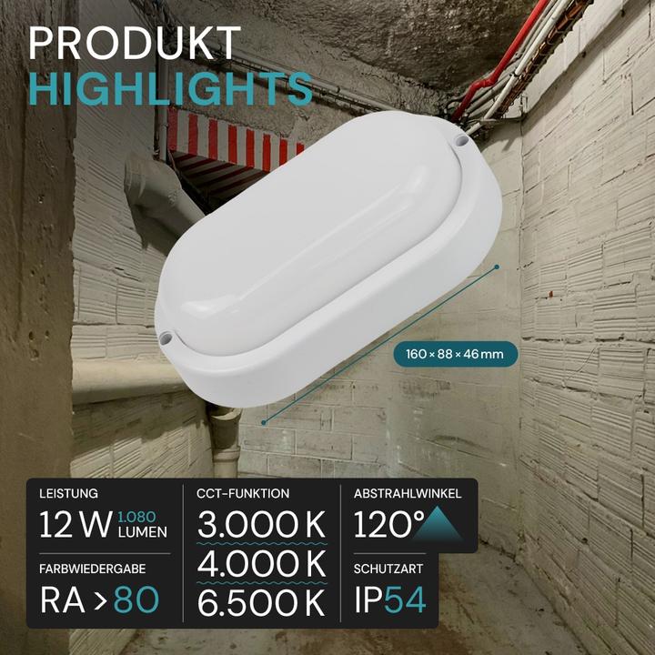 Actual product image Luxula LED-Kellerleuchte, 12W, EEK: F, 1080lm, CCT, IP54, weiss (1080 lm)