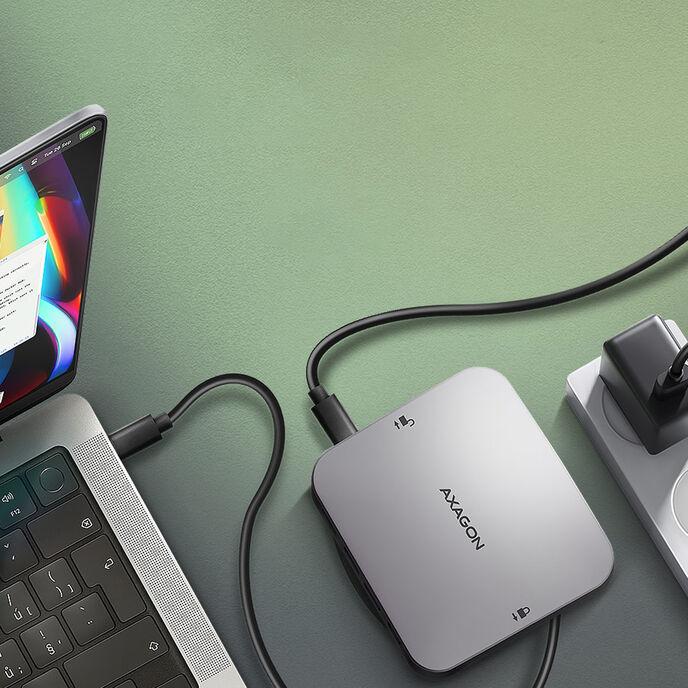 Produktbild Axagon HMC-UFO USB-C Hub, M.2 SATA/NVMe, 1 Gbit/s Ethernet, 384 kHz Audio - schwarz/silber (USB-C, 1 Port)