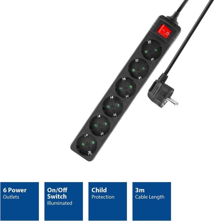 Actual product image ACT Power strip with illuminated switch, 6 sockets, 3 m, black (6x, CEE 7/4, 3 m)