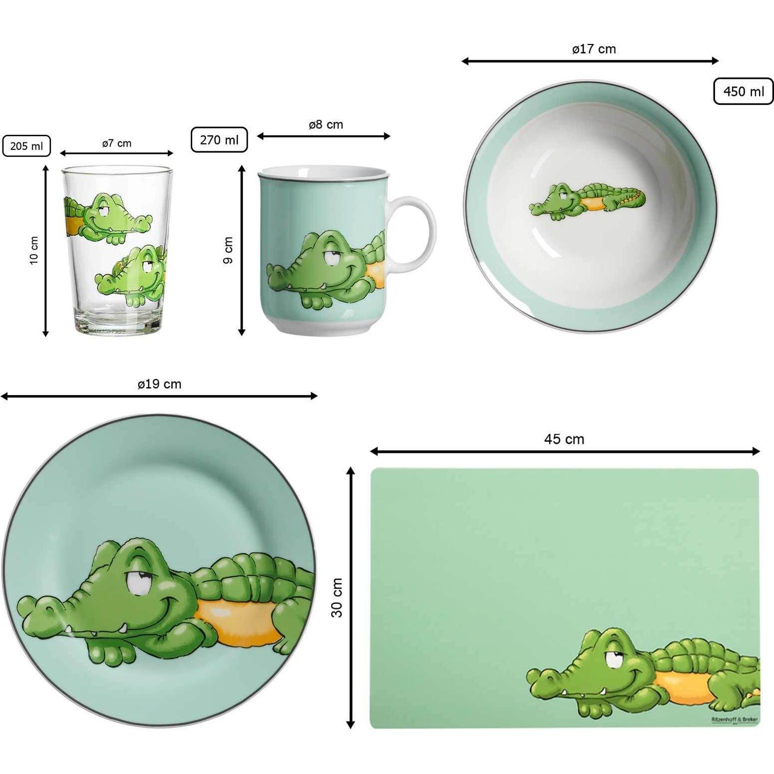 Thumbnail - Ritzenhoff & Breker, Kindergeschirr + Kinderbesteck, Geschirr-Set mit Kinderbecher Happy Zoo Krokodil