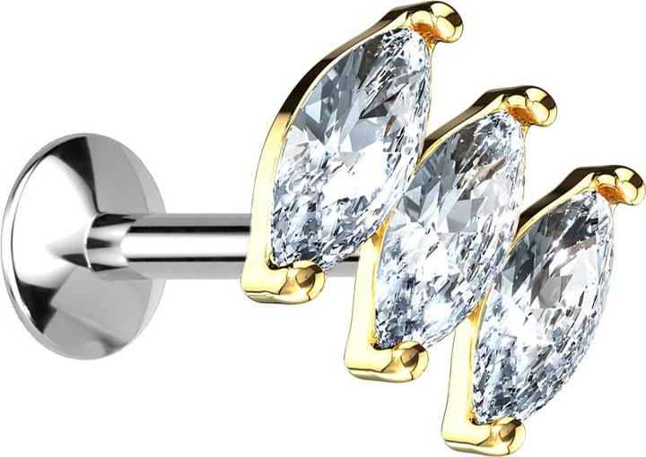 Produktbild Star Piercing Micro UFO Labret Innengewinde vergoldet mit drei ovalen Kristallen (Messing, Chirurgenstahl 316L)