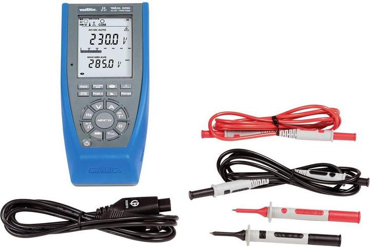 4 batterie alcaline da 1,5 V, 2 puntali da 1,5 m con 2 spine dritte (rosso+sw), 2 sonde di prova CAT IV 1 kV (rosso+sw), 1 manuale operativo su CD, 1 guida rapida stampata