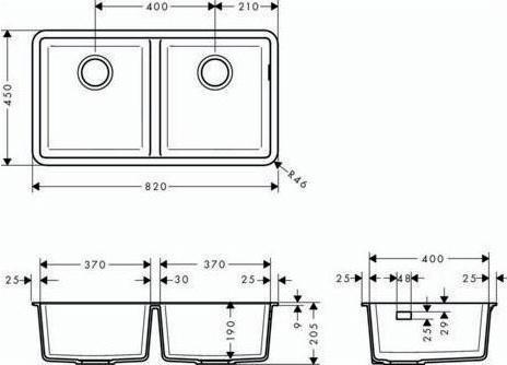 Actual product image hansgrohe HG undermount sink 370/370 S510-U770 graphite black (Undermount sink, 45 cm, 82 cm)