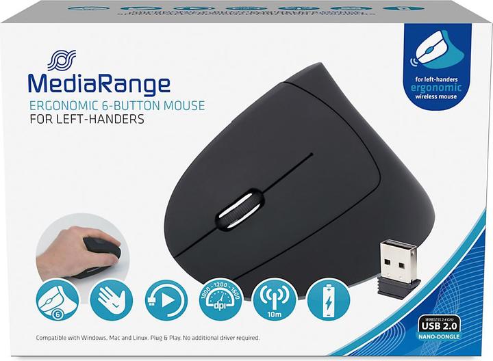 Immagine prodotto MediaRange Mouse verticale senza fili per mancini, nero (Senza fili)