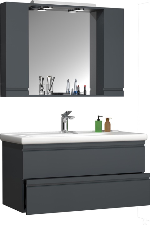 Produktbild VCM 3-tlg. Waschplatz Waschtisch 100 cm Badmöbel Set Waschbecken grifflose Schublade Spiegelschrank