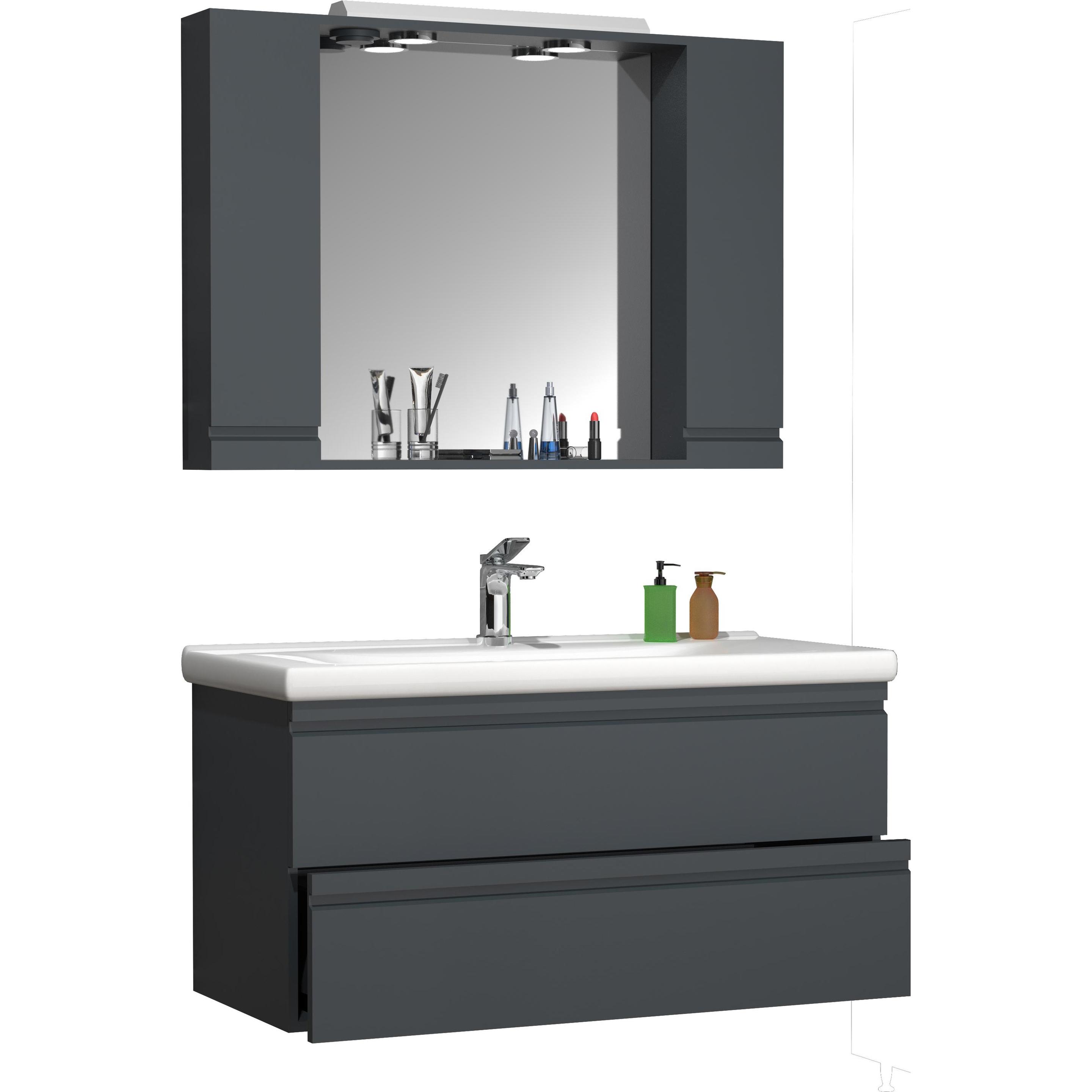 Thumbnail - VCM, Badmöbelset, 3-tlg. Waschplatz Waschtisch 100 cm Badmöbel Set Waschbecken grifflose Schublade Spiegelschrank