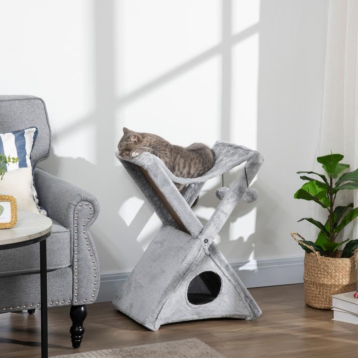 Image du produit PawHut Tour pour chats avec grotte et hamac (65 cm, Gris)