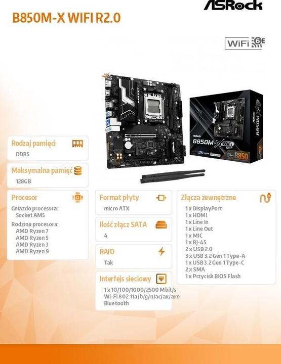 Actual product image AsRock B850M-X Wifi R2.0 (AM5, AMD B850, mATX)