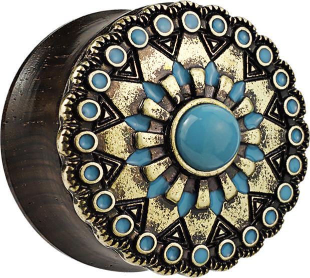 Produktbild Star Piercing Flared Plug aus Ebenholz mit Tribal Sonne und türkis Stein (Messing, Organisch, Mineralisch)