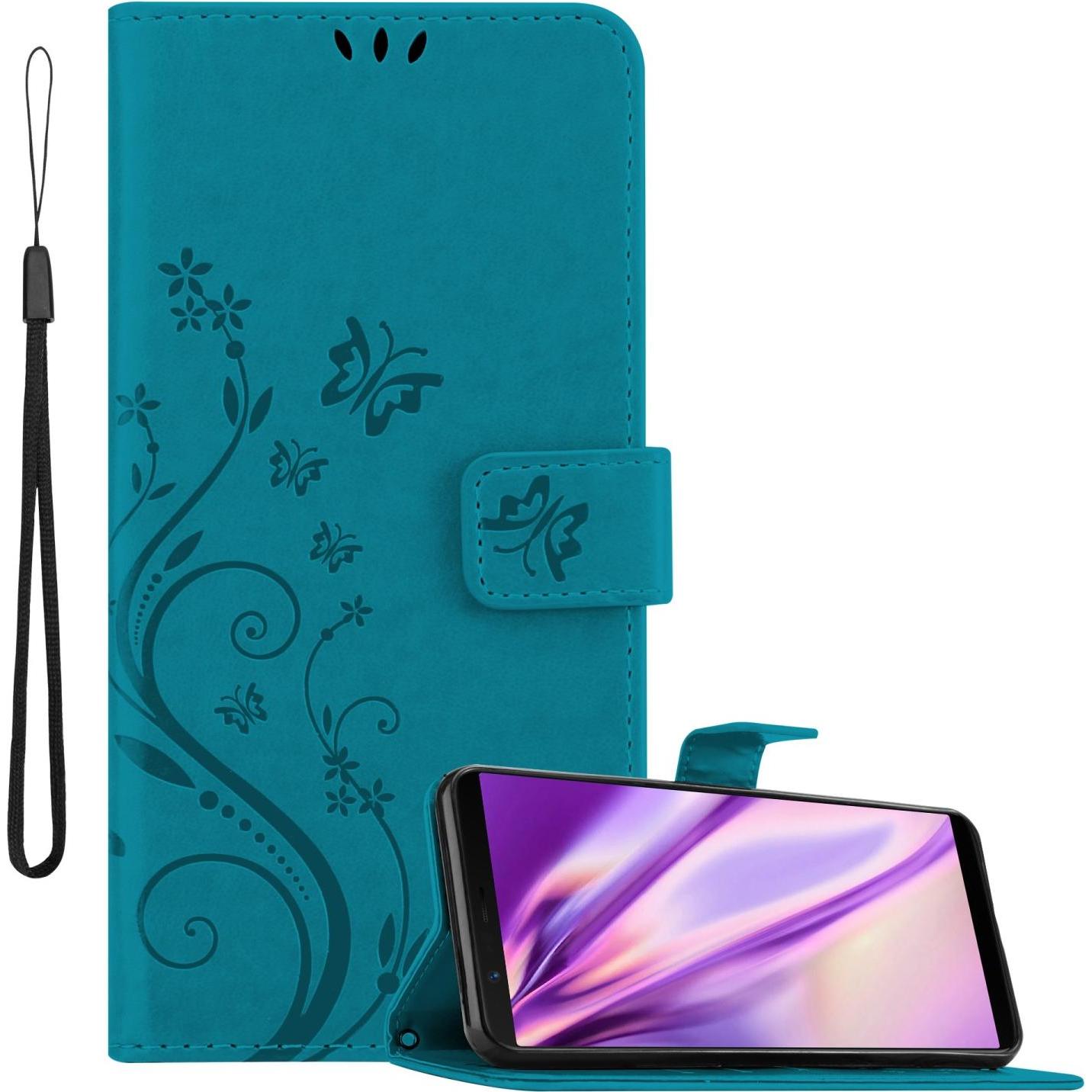 Cadorabo Flower Book Hülle für OnePlus 5T (OnePlus 5T), Smartphone Hülle, Blau