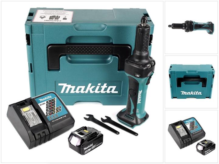 1x Makita DGD 800 Akku-Geradschleifer, 1x Makita BL 1840 B 4,0Ah Akku, 1x Makita DC 18 RC Ladegerät, 1x Makita Makpac, 1x Spannzange 6 mm, 1x Montagewerkzeug, 1x Montagewerkzeug