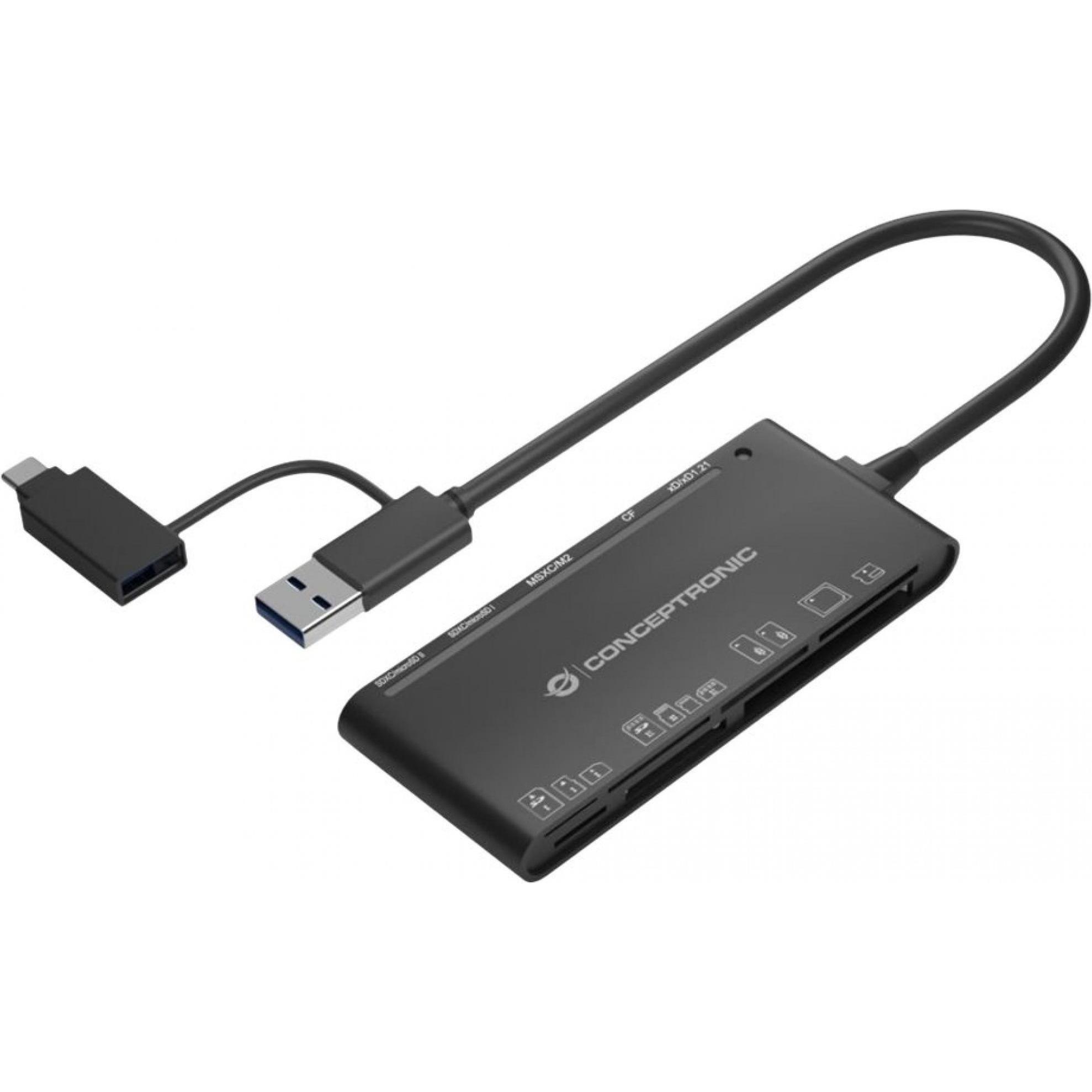 Conceptronic Card Reader USB3.0 (USB-C, USB 3.0), Speicherkartenlesegerät, Schwarz