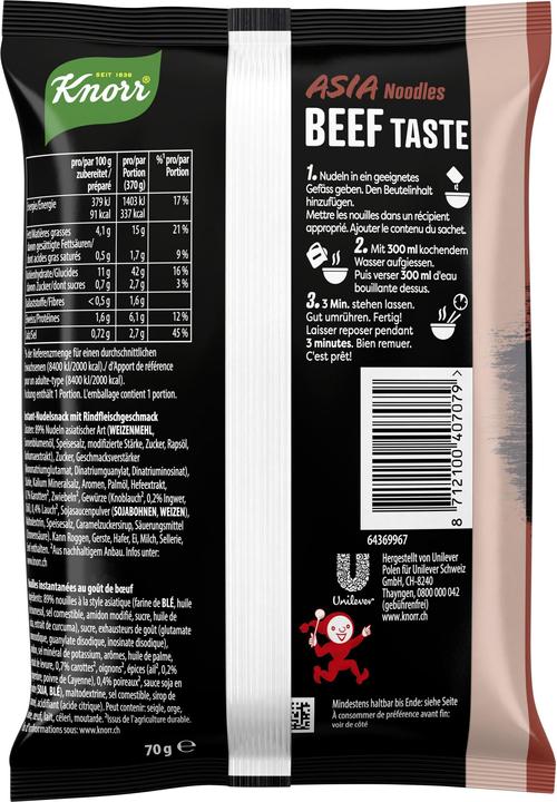 Produktbild Knorr Asia Noodles Beef Taste Beutel, Asiatische Instant Nudeln Snack, in nur 3 Minuten zubereitet (70 g)