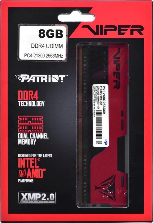 Actual product image Patriot PVE248G266C6K Memory module GB DDR4 (2 x 4GB, 2666 MHz, DDR4-RAM, DIMM)
