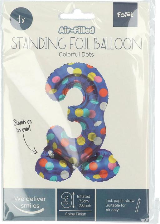 Actual product image Folat Standing Foil Balloon Colourful Dots Number 3 - 72cm (1 x)