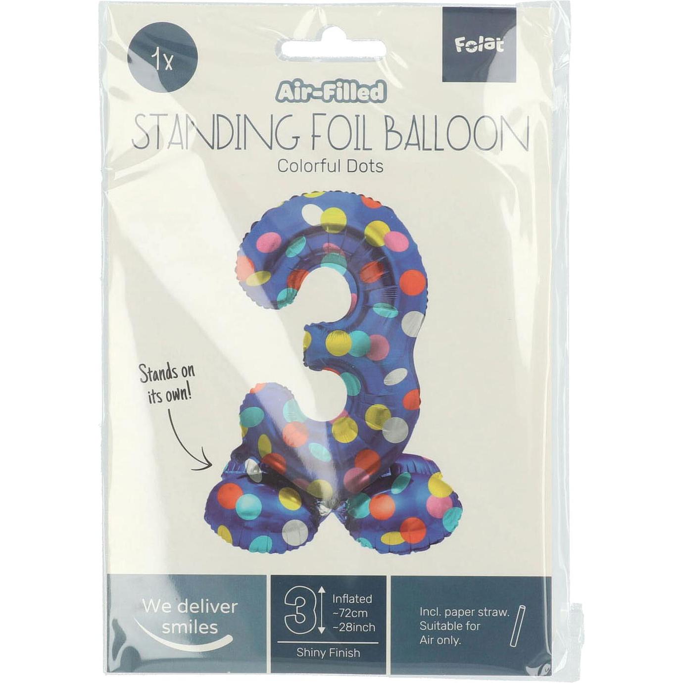 Thumbnail - Folat Stehender Folienballon Bunte Punkte Zahl 3 - 72cm