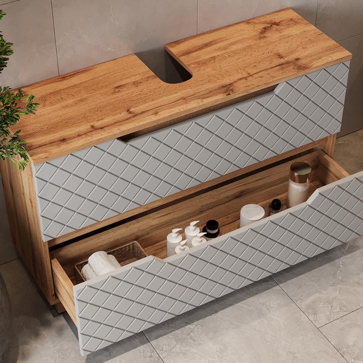 Actual product image Vicco Waschbeckenunterschrank Lotta, Eiche/Grau mit Kachelstruktur, 99.4 x 62.5 cm mit 2 Schubladen (99.40 x 32 x 62.50 cm)