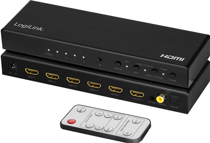 Actual product image LogiLink HDMI switch, 4x1 port, 4K/60 Hz, HDCP, HDR, ARC, Audio Extract, RC