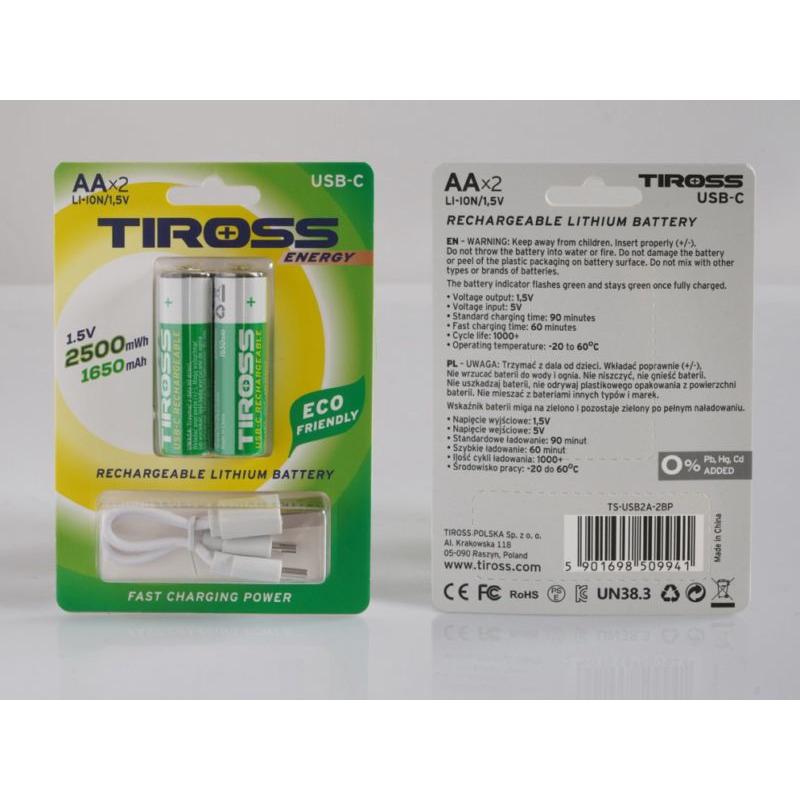 Tiross BATTERIA RICARICABILE R6 AA 2 pezzi (2 pz., AA / LR6 / LR06 / Mignon / R6 / R14505), Batterie + pile