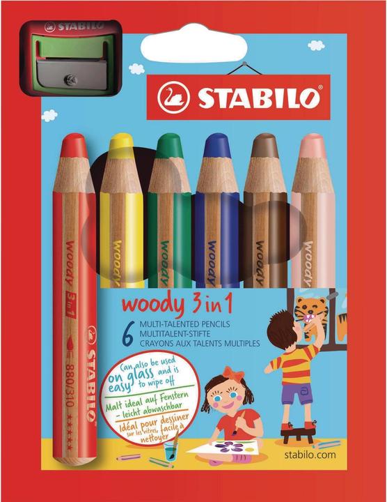 STABILO woody 3 in 1 Buntstift mit Spitzer (Mehrfarbig, 6 x)